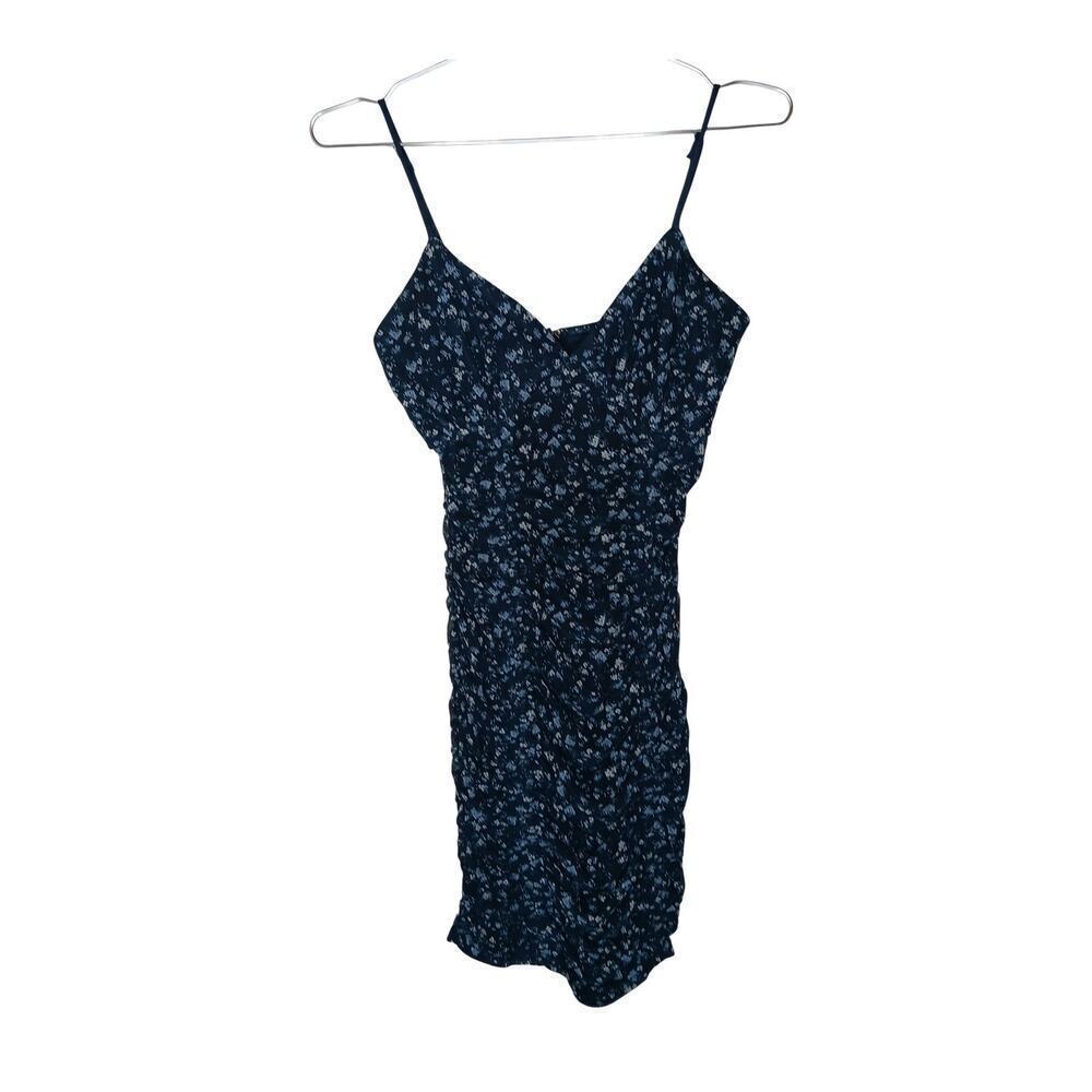 Windsor Navy Blue Floral Ruched Mini Dress Sz Small Spaghetti Strap Fully Lined - Picture 2 of 13